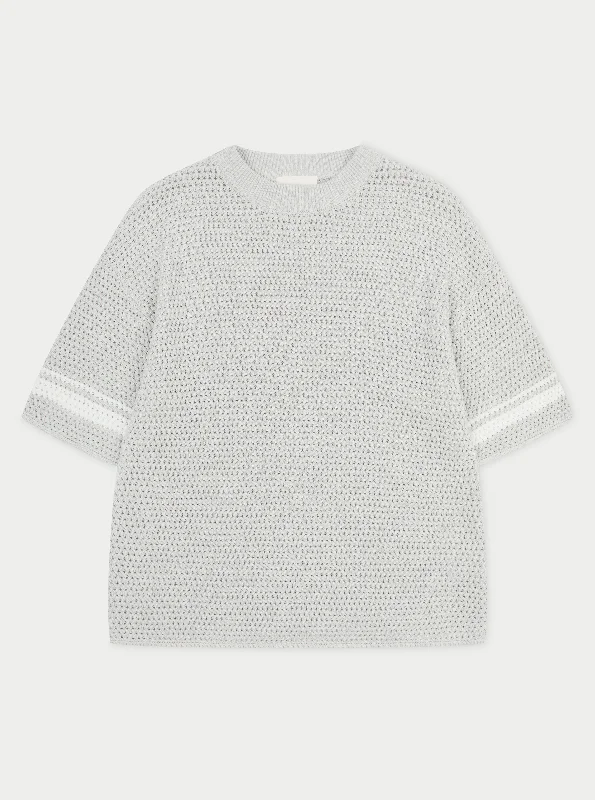 CROCHET KNITTED CONTRAST STRIPE T-SHIRT - GREY