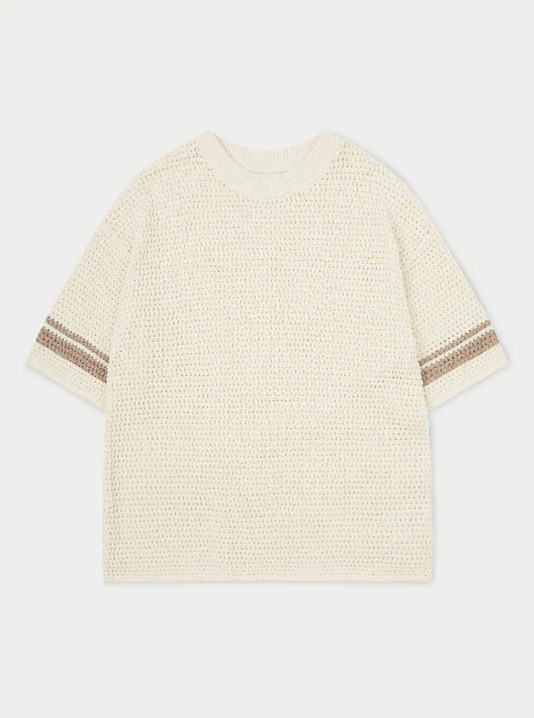 CROCHET KNITTED CONTRAST STRIPE T-SHIRT - OFF WHITE