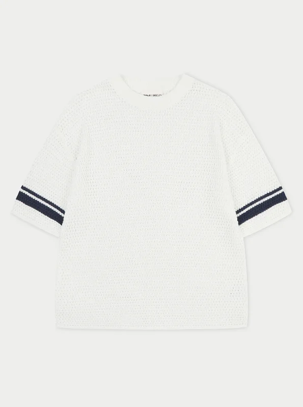 CROCHET KNITTED CONTRAST STRIPE T-SHIRT - WHITE