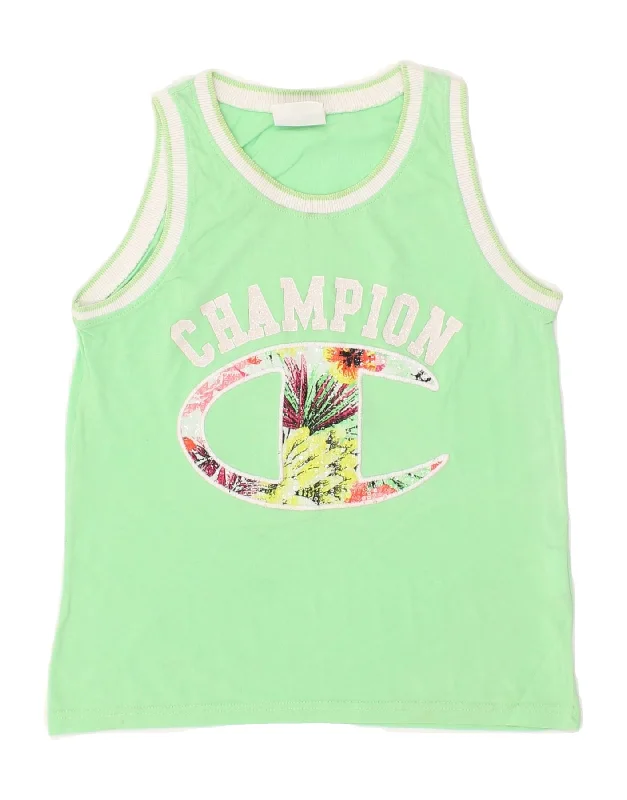 CHAMPION Girls Graphic Vest Top 7-8 Years XS Green Cotton