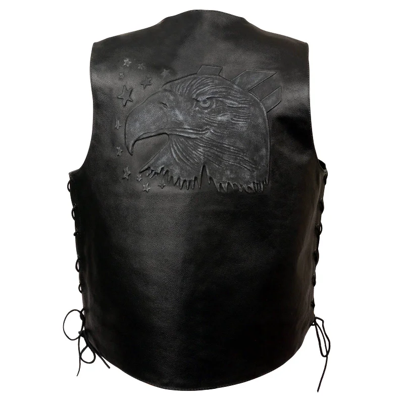 Event Leather ELM3940 Black Motorcycle Leather Side Lace Vest for Men w/ Eagle Head and Stars Emboss