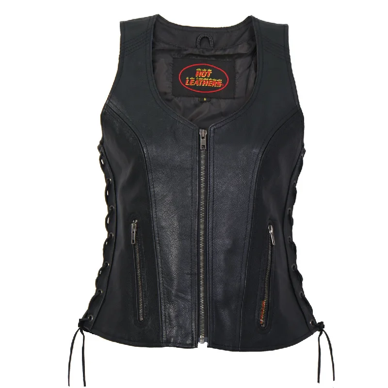 Hot Leathers VSL1013 Ladies Black Leather Side Lace Zip-Up Vest