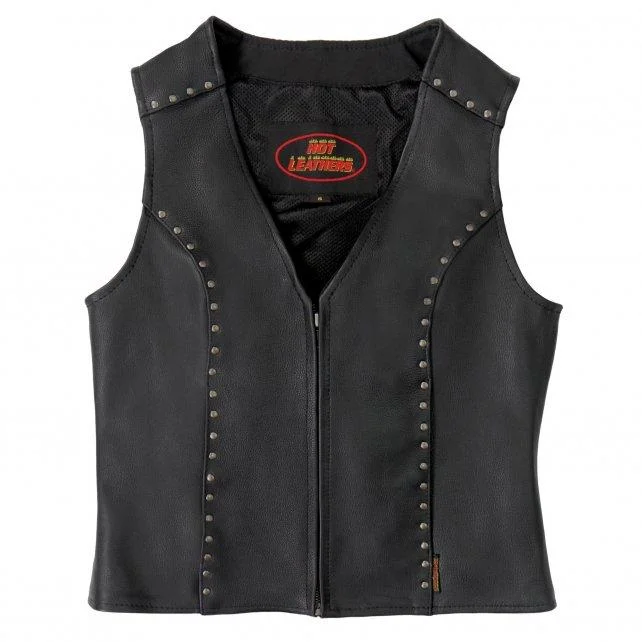 Hot Leathers VSL1015 Ladies Studded Black Leather Vest with V-Neck