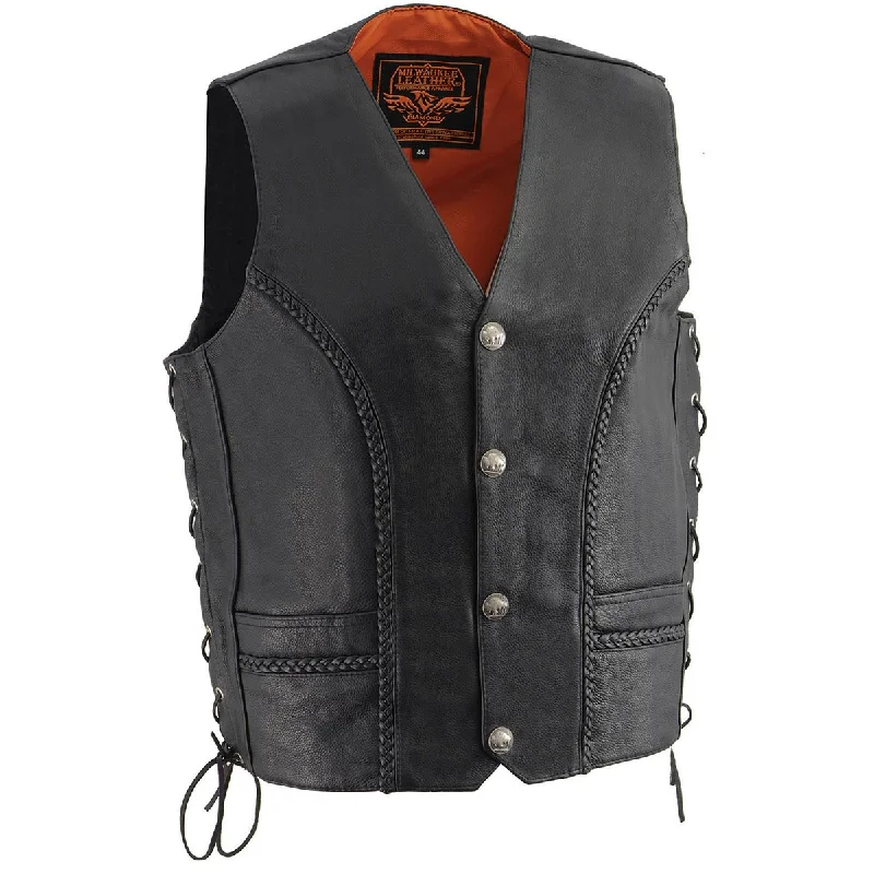 Milwaukee Leather ML1359 Men's Black Naked Leather Side Lace Motorcycle Rider Vest w/ Buffalo Nickel Snaps Closure