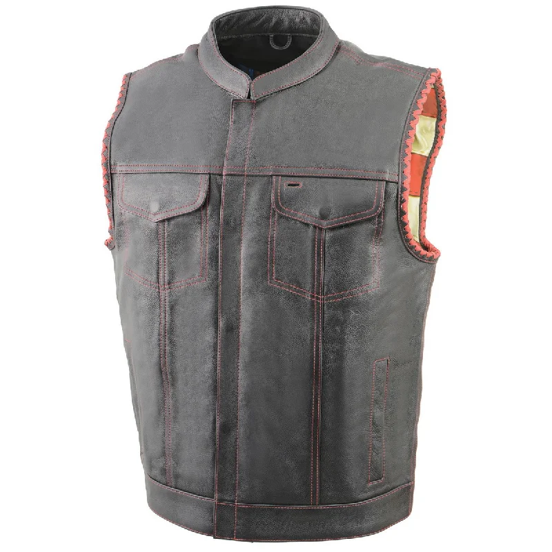 Milwaukee Leather MLM3506 Men's Black Naked Leather Vest - Old Glory Laced Armholes Red Stitching Club Style Vest