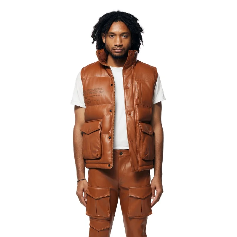 Utility Vegan Leather Vest - Cognac