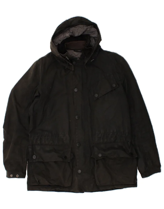 BARBOUR Mens Hooded Waxed Cotton Jacket UK 36 Small Black Cotton