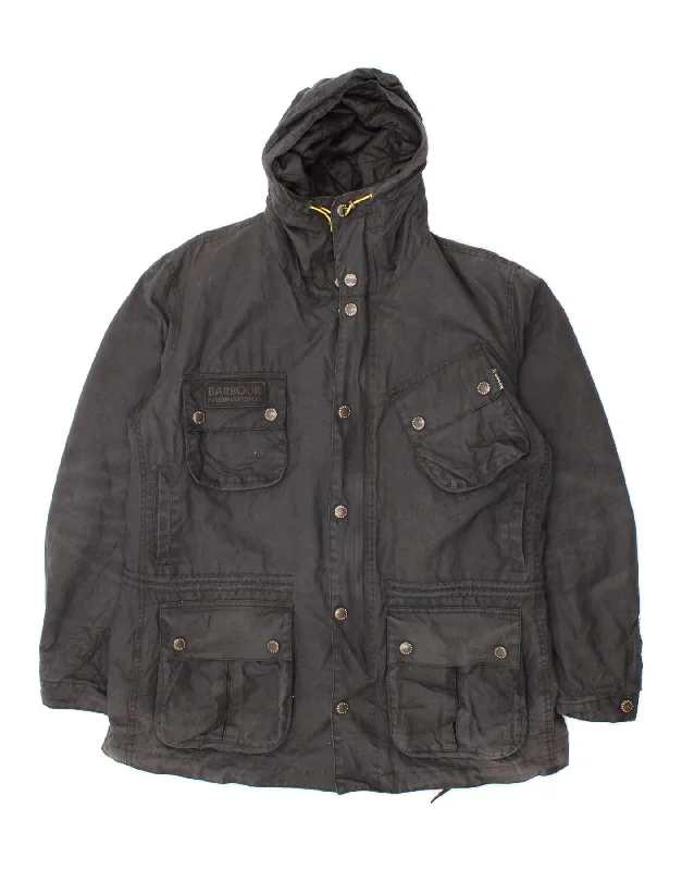 BARBOUR Mens Hooded Waxed Cotton Jacket UK 42 XL Black Cotton