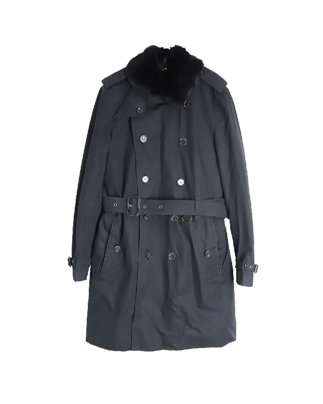 Burberry Fur-Trimmed Collar Double-Breasted Trench Coat in Black Cotton