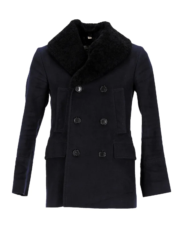 Burberry London Bateson Pea Coat With Shearling Collar in Navy Blue Viscose