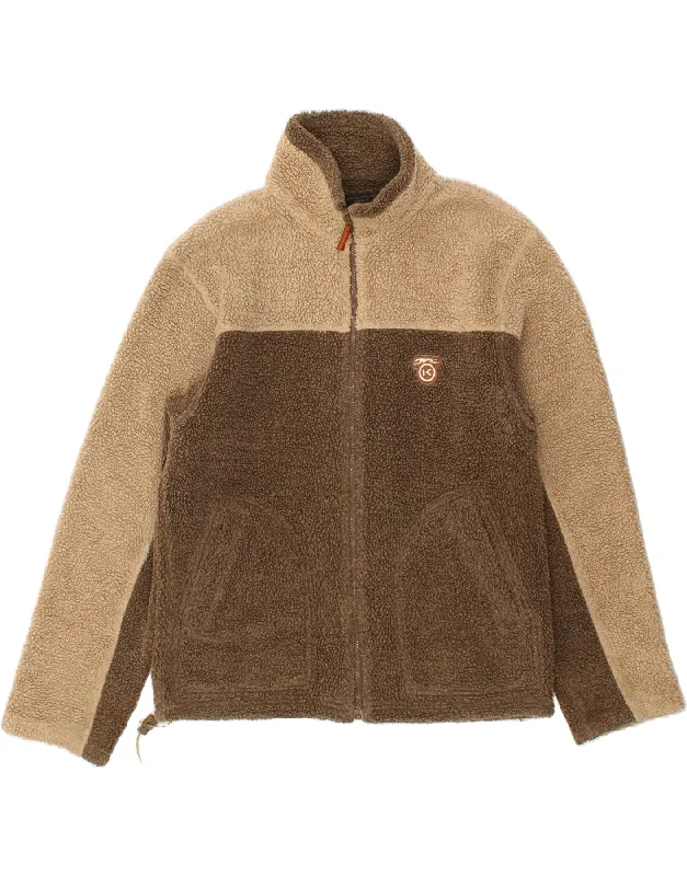 KENVELO Mens Fleece Jacket UK 38 Medium Brown Colourblock