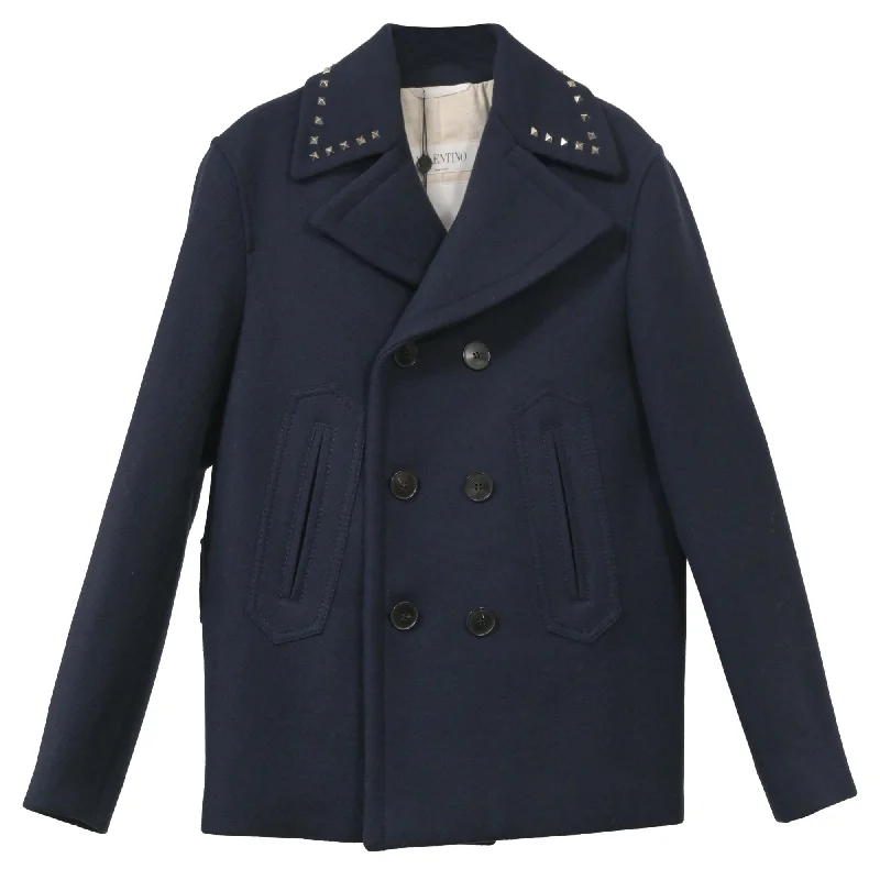 Valentino Garavani Rockstud Double-Breasted Pea Coat in Navy Blue Wool