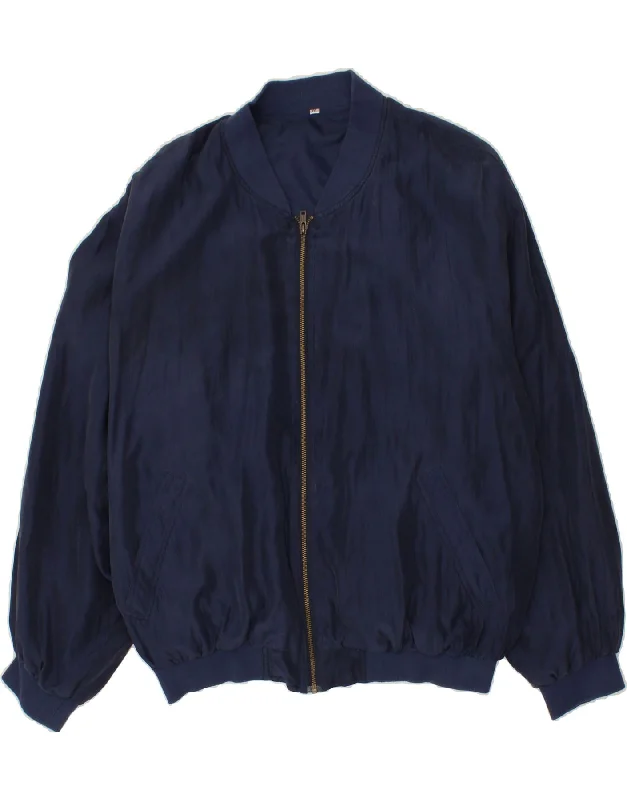 VINTAGE Mens Bomber Jacket UK 44 2XL Navy Blue Silk