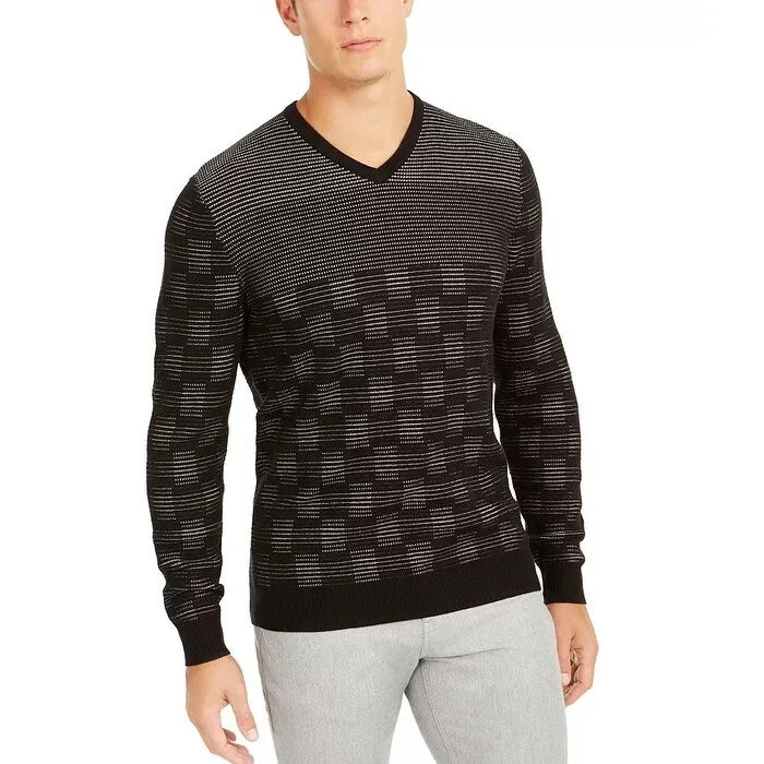 Alfani Men's Classic-Fit Metallic Check V-Neck Sweater Black Size XL - X-Large