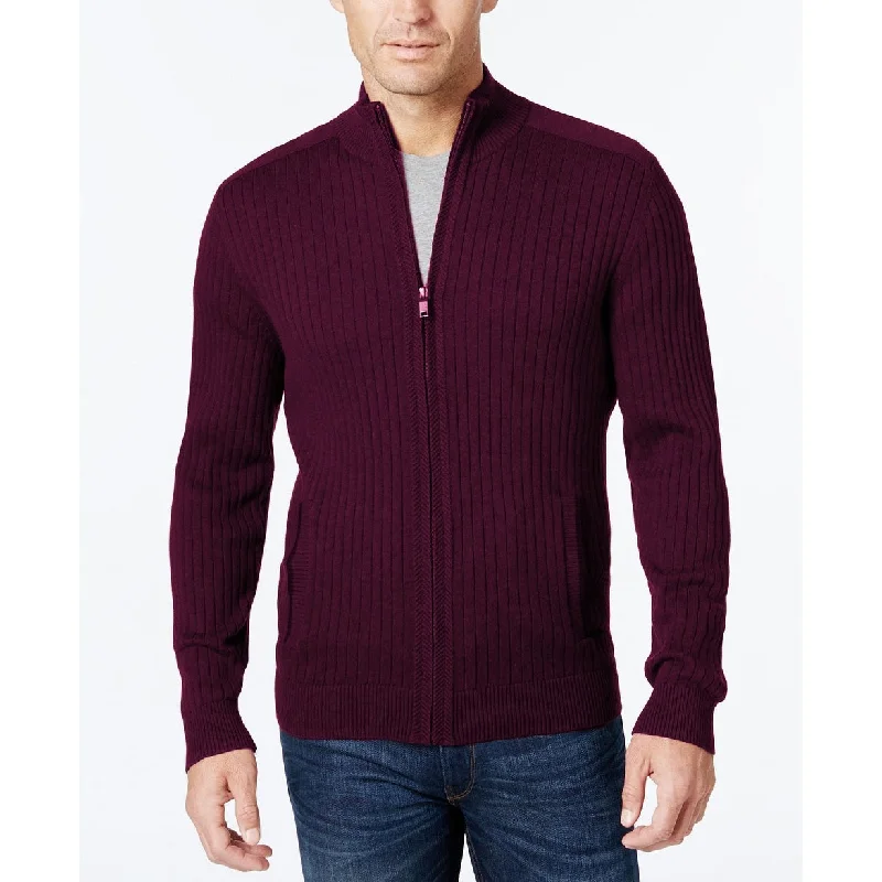 Alfani Men's Ribbed Full-Zip Sweater Burgundy Size 2 Extra Large