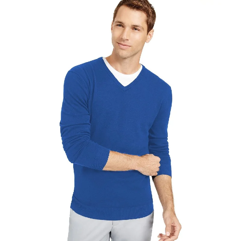 Alfani Men's Solid V-Neck Cotton Sweater Blue Size 2 Extra Large