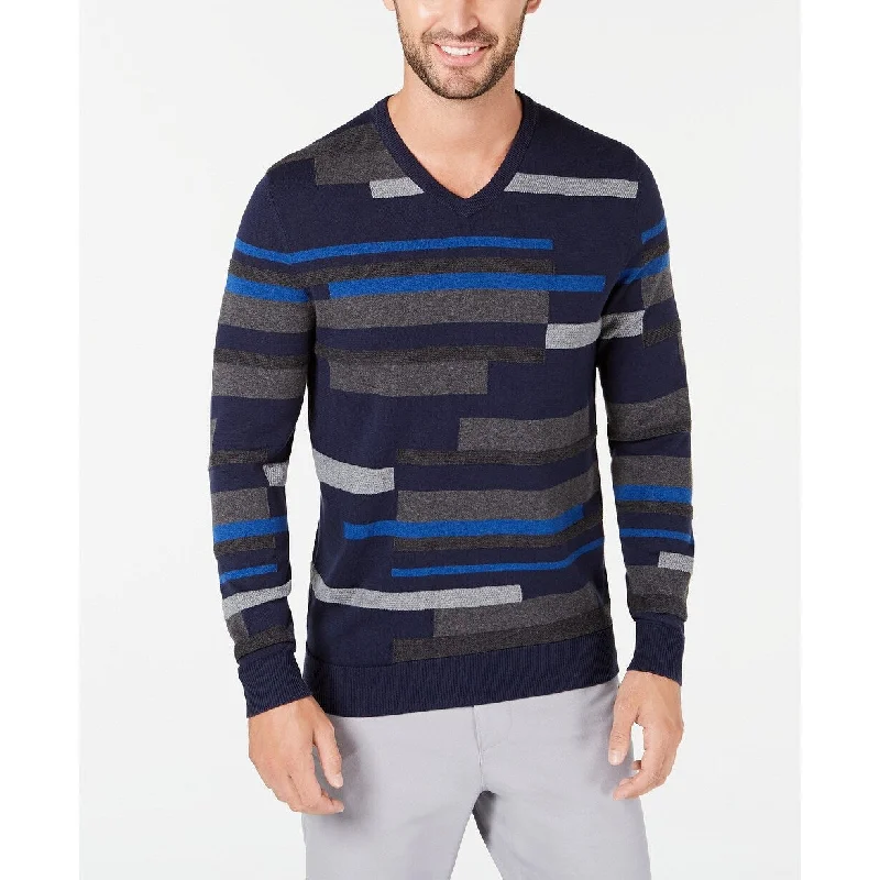 Alfani Men's Textured Striped V-Neck Sweater Dark Blue Size 2 Extra Large - XX-Large