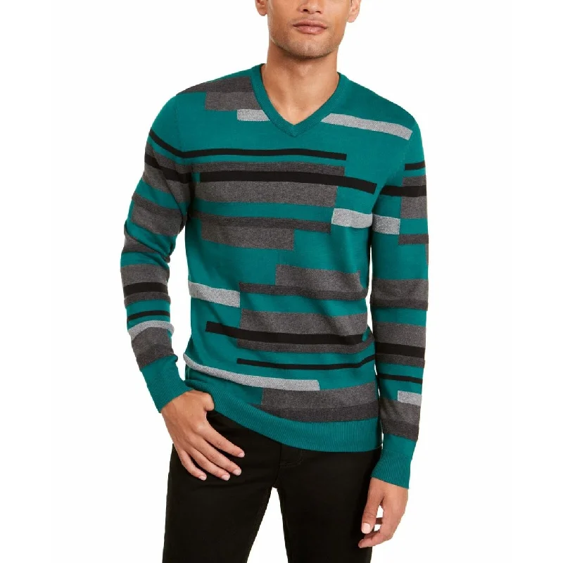 Alfani Men's Textured Striped V-Neck Sweater Green Size XX-Large