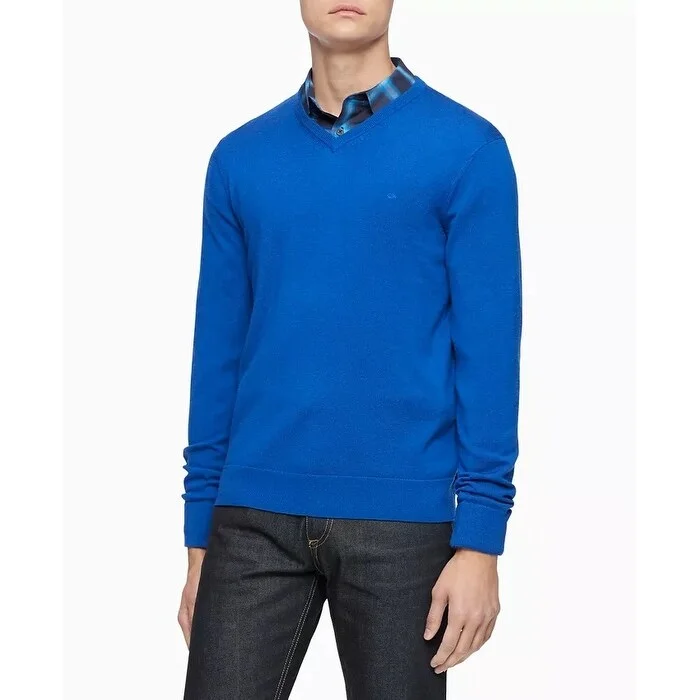 Calvin Klein Men's Merino Wool V Neck Sweater Blue Size Medium