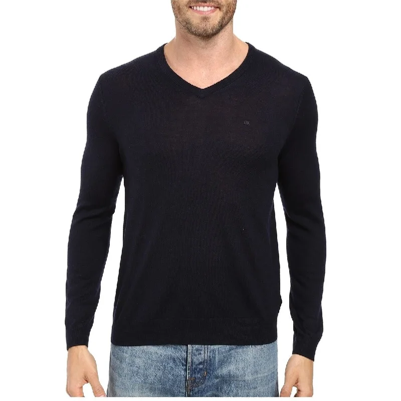 Calvin Klein Men's Solid V-Neck Merino Sweater Blue Size Medium - M