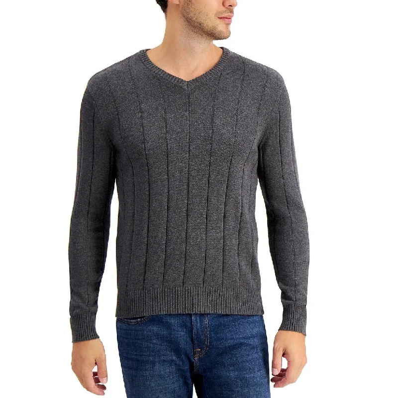 Club Room Men's Drop-Needle V-Neck Cotton Sweater Charcoal Small