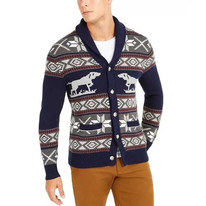 Club Room Men's Regular Fit Pointing Dog Geometric Cardigan Sweater Blue Size Medium