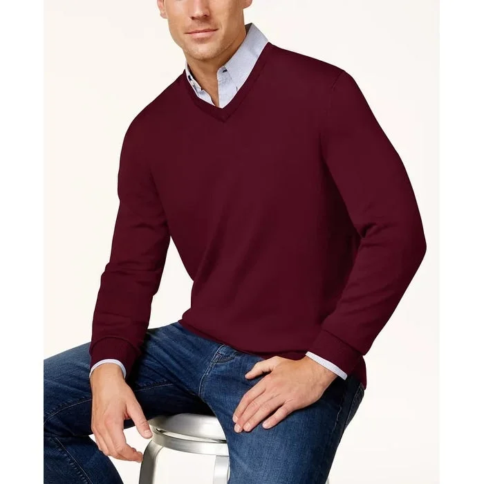 Club Room Men's Solid V Neck Merino Wool Blend Sweater Purple Size S - Small