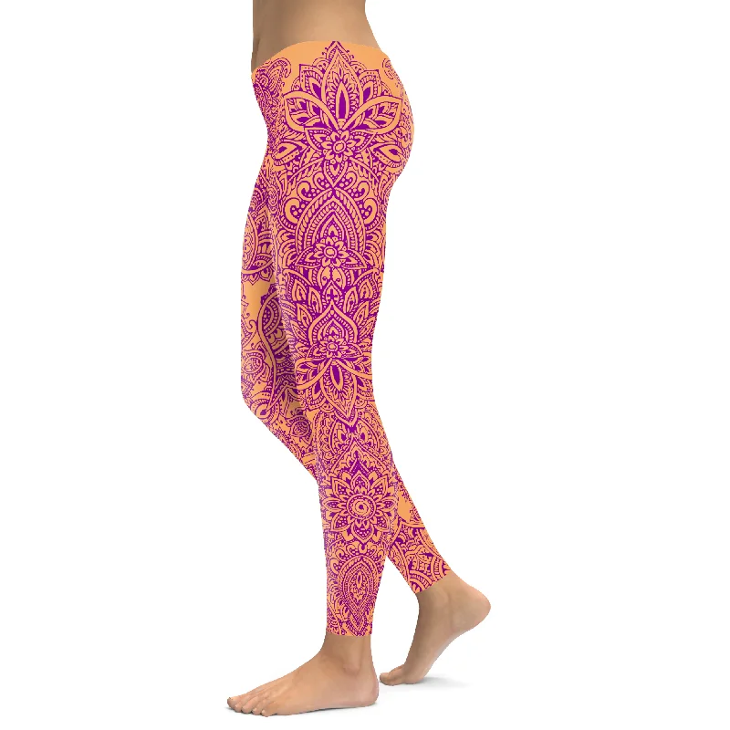 Coral and Purple Henna Tattoo Leggings