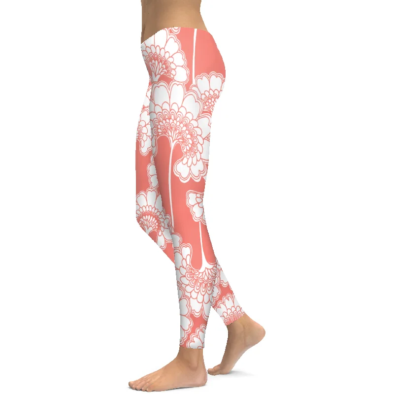 Coral Japanese Floral Leggings