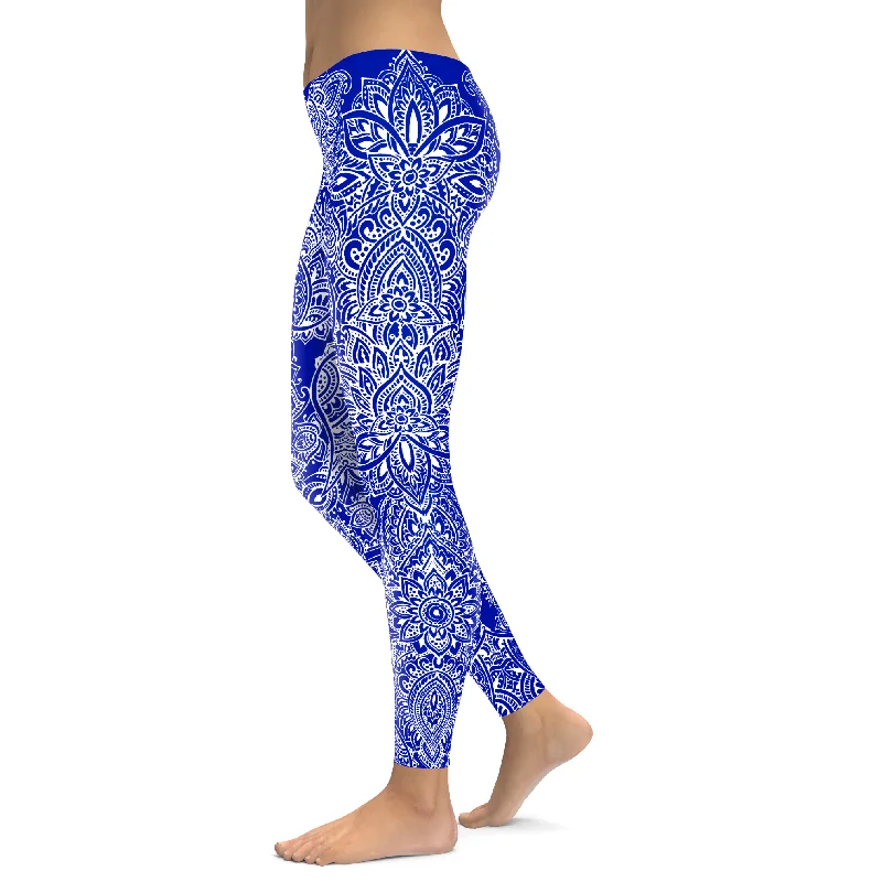 Electric Blue and White Henna Tattoo Leggings