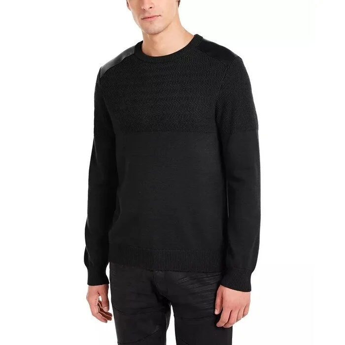 Guess Men's Herringbone Sweater With Faux Leather Piecing Black Size Medium