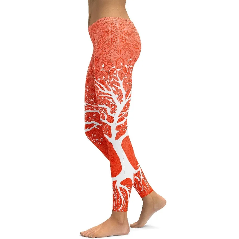 Hot Orange Tree of Life Leggings