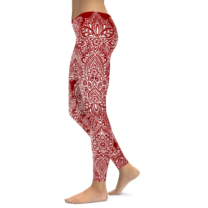 Maroon and Snow Henna Tattoo Leggings