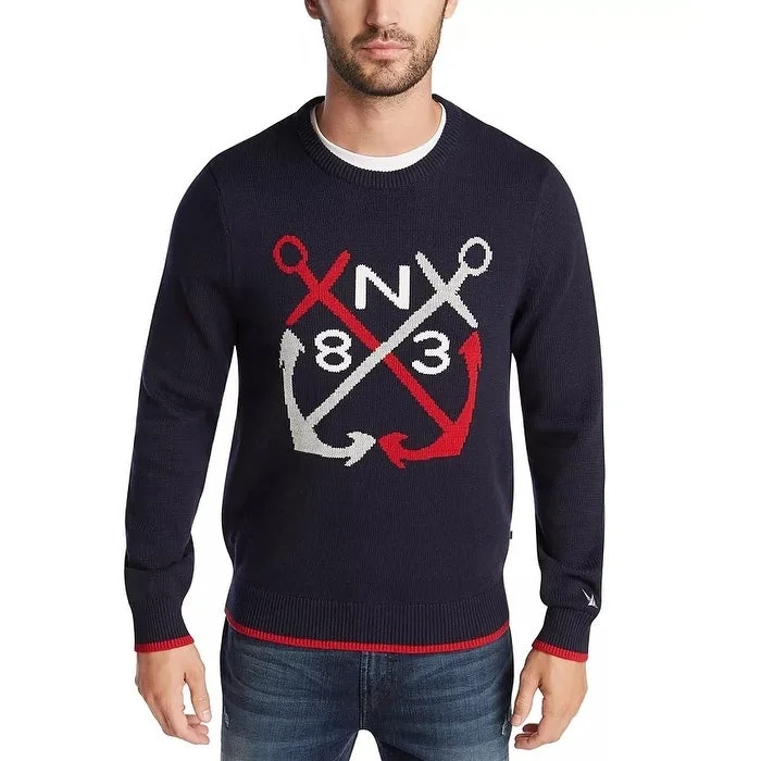 Nautica Men's Blue Sail Classic-Fit Anchor Graphic Sweater Dark Blue Size Large