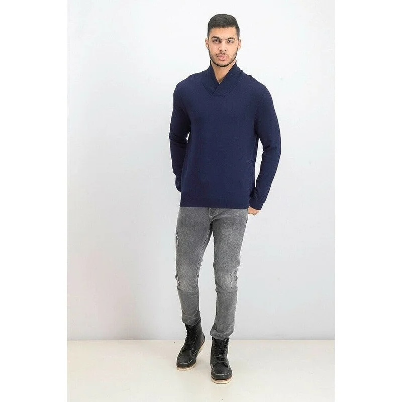 Tasso Elba Men's Contrast Shawl-Collar Supima Cotton Sweater Dark Blue Size X-Large