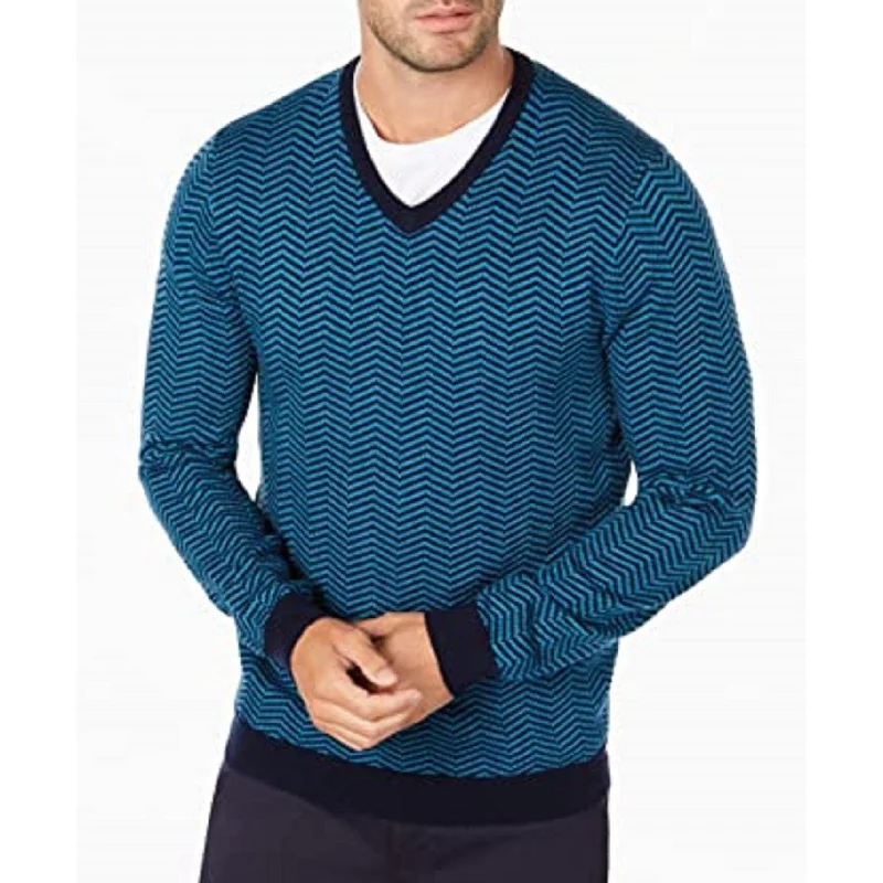 Tasso Elba Men's Merino Wool Blend V-Neck Herringbone Sweater Dark Blue Size Extra Large - X-Large