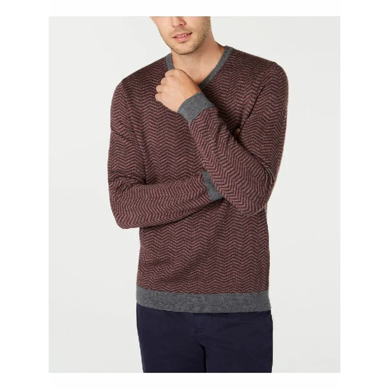 Tasso Elba Men's Merino Wool Blend V-Neck Herringbone Sweater Wine Size Small