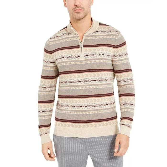 Tasso Elba Men's Striped Quarter Zip Sweater Beige khaki Size XX-Large