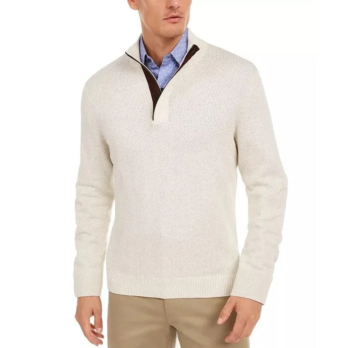 Tasso Elba Men's Supima Cotton Textured 1/4-Zip Sweater Beige Size Large