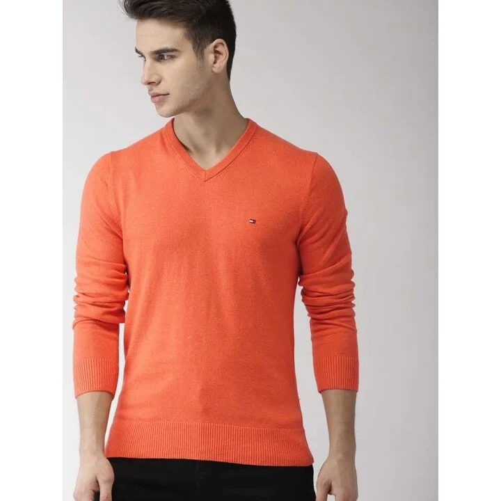 Tommy Hilfiger Men's Signature Regular-Fit Solid V-Neck Sweater Orange Size Medium