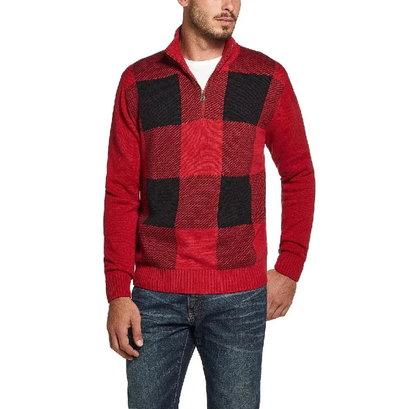 Weatherproof Vintage Men's Quarter Zip Buffalo Plaid Sweater Red Size Medium