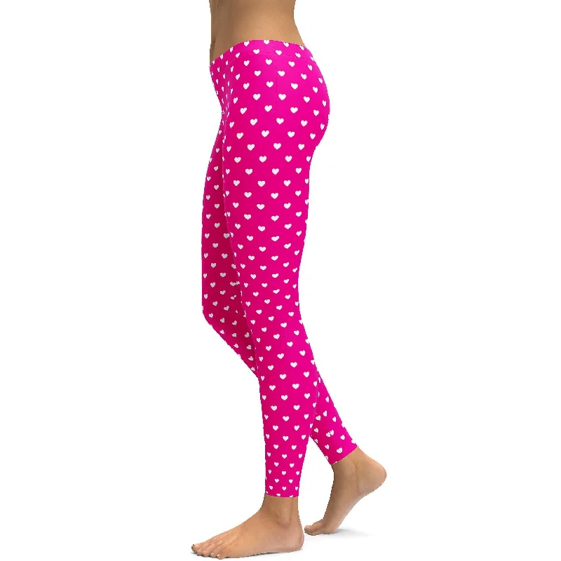 White Mini Hearts Pink Leggings