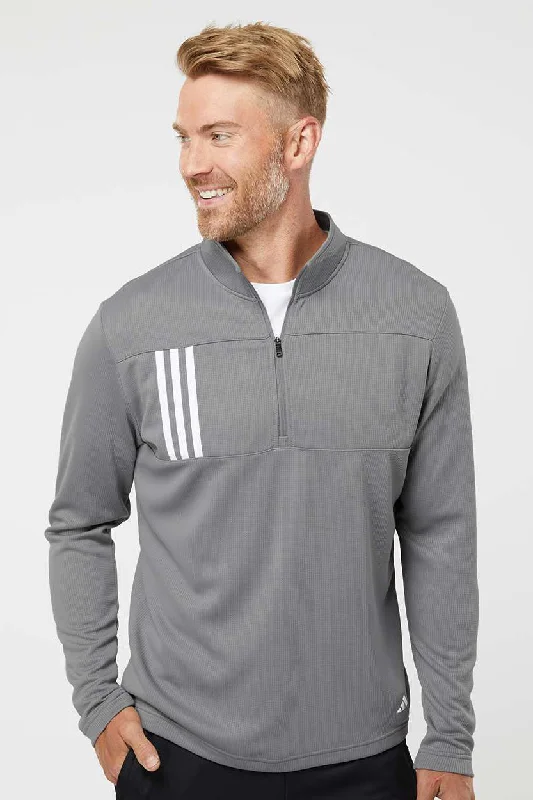 Adidas Mens 3 Stripes Double Knit Moisture Wicking 1/4 Zip Sweatshirt - Grey/White