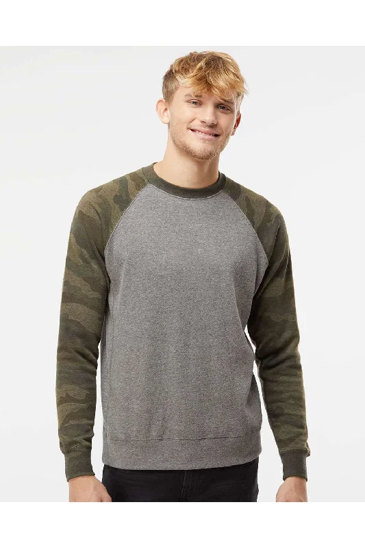 Independent Trading Co. Mens Special Blend Crewneck Raglan Sweatshirt - Heather Nickel Grey/Forest Green Camo