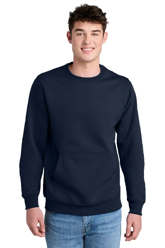 Port & Company Mens Core Fleece Crewneck Sweatshirt w/ Pouch Pocket - True Navy Blue - New